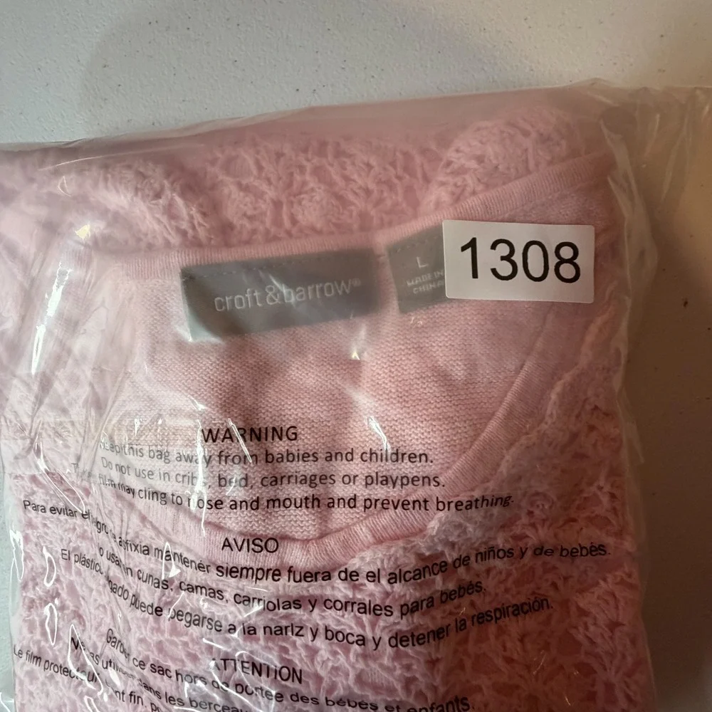 Croft‎ & Barrow Crochet Sweater Women L Good Pink V-Neck 3/4 Sleeve Knit Top